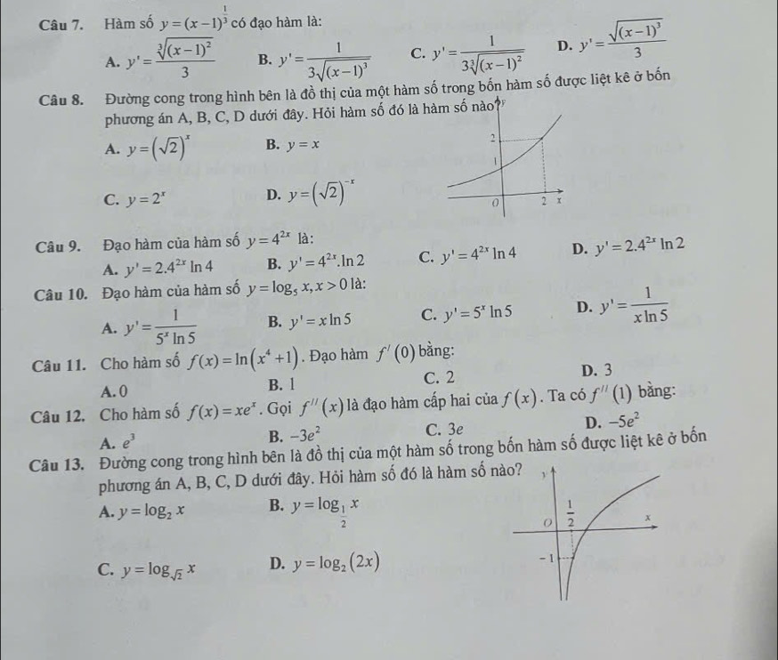 Giải quyết:Hàm số y=(x-1)^ 1/3 có đạo hàm là: A. y'=frac sqrt[3]((x-1 ...