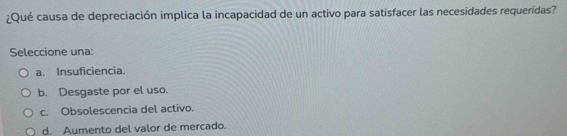 ¿Qué causa de depreciación implica la incapacidad de un activo para satisfacer las necesidades requeridas?
Seleccione una:
a. Insuficiencia.
b. Desgaste por el uso.
c. Obsolescencia del activo.
d. Aumento del valor de mercado.