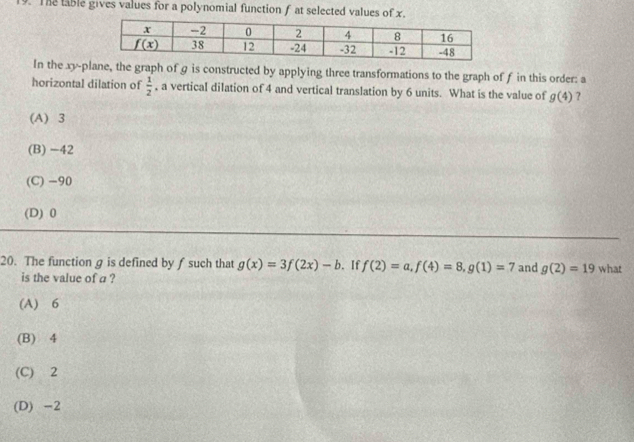 The table gives values for a polynomial function f at selected values of x
In the xy-plane, the graph of g is constructed by applying three transformations to the graph of f in this order: a
horizontal dilation of  1/2  , a vertical dilation of 4 and vertical translation by 6 units. What is the value of g(4) ?
(A) 3
(B) −42
(C) -90
(D) 0
20. The function g is defined by ƒ such that g(x)=3f(2x)-b. If f(2)=a,f(4)=8,g(1)=7 and g(2)=19 what
is the value of a ?
(A) 6
(B) 4
(C) 2
(D) -2