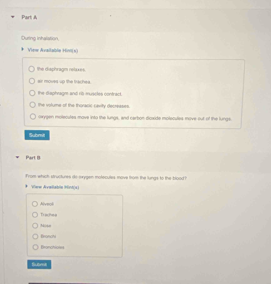 During inhalation,
View Available Hint(s)
the diaphragm relaxes.
air moves up the trachea.
the diaphragm and rib muscles contract.
the volume of the thoracic cavity decreases.
oxygen molecules move into the lungs, and carbon dioxide molecules move out of the lungs.
Submit
Part B
From which structures do oxygen molecules move from the lungs to the blood?
View Available Hint(s)
Alveoli
Trachea
Nose
Bronchi
Bronchioles
Submit