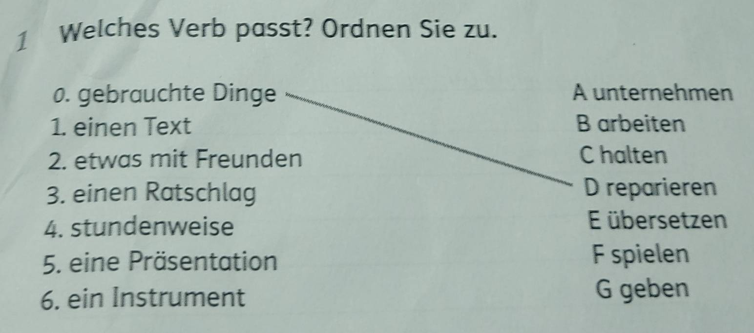 Welches Verb passt? Ordnen Sie zu.
0. gebrauchte Dinge A unternehmen
1. einen Text B arbeiten
2. etwas mit Freunden C halten
3. einen Ratschlag D reparieren
4. stundenweise
E übersetzen
5. eine Präsentation F spielen
6. ein Instrument G geben