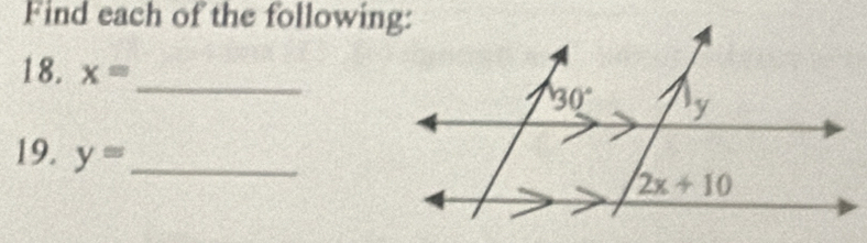 Find each of the following:
18. x= _
19. y= _