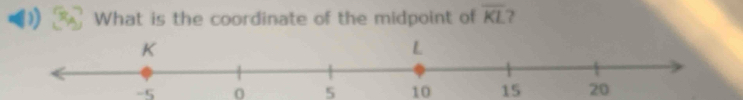 What is the coordinate of the midpoint of overline KL ?
-5 0 5 10 15 20