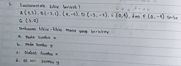 Lucisuonlah titix berieut!
A(2,3), B(-3,1),(4,-5), D(-3,-2), E(0,4) , dan F(0,-4) serto
G(3,0)
Tentucan titilc-tikinc mana yong terletok
a. Pada sumbu x
b. Poda sumbo y
c. Diotas sumbo x
d. Di kiri sumbuy