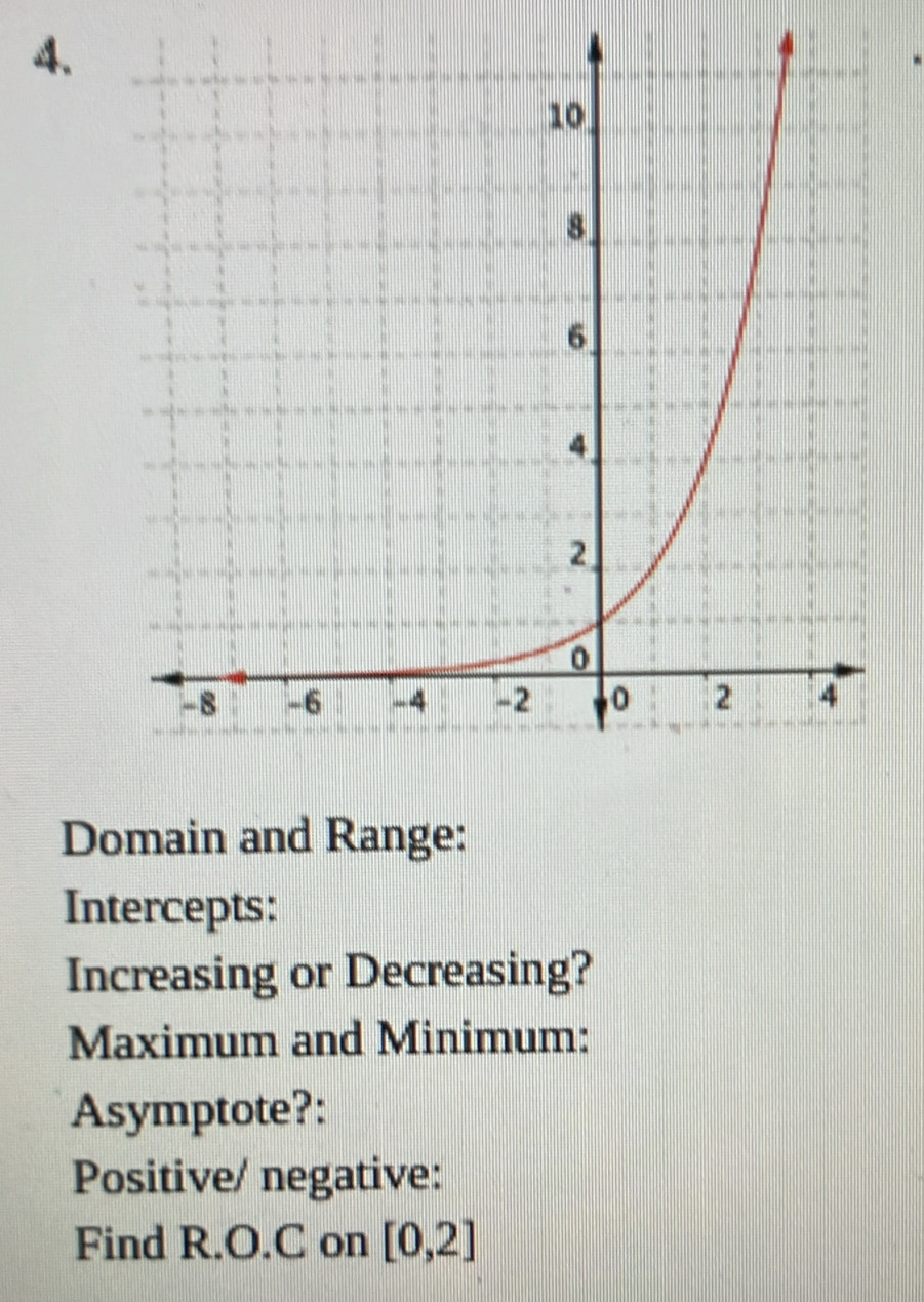 Domain and Range: 
Intercepts: 
Increasing or Decreasing? 
Maximum and Minimum: 
Asymptote?: 
Positive/ negative: 
Find R.O.C on [0,2]