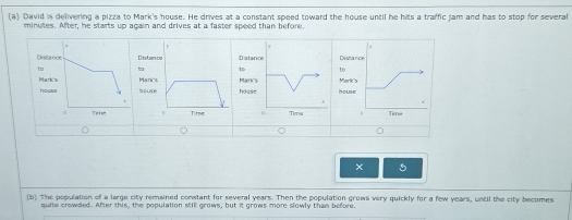 David is delivering a pizza to Mark's house. He drives at a constant speed toward the house until he hits a traffic jam and has to stop for several
minutes. After, he starts up again and drives at a faster speed than before. 
D intan DistancDistan 
batoto 
Mark'MancsMark's 
mousehousehowe 

× 
(b) The population of a large city remained conwtant for several years. Then the population grows very quickly for a few years, until the city becomes 
quite crowded. After this, the population stilll grows, but it grows more slowly than before