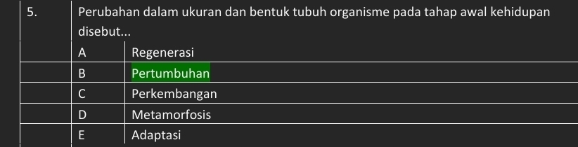 Perubahan dalam ukuran dan bentuk tubuh organisme pada tahap awal kehidupan
disebut...
A Regenerasi
B Pertumbuhan
C Perkembangan
D Metamorfosis
E Adaptasi