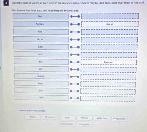 Label the parts of speech of each word in the sentence below. Choices may be used once, more than once, or not at all. 
Yes, Andrew has three bats, and he will happily lend you one. 
Yes 
Andrew Noun 
has 
three 
bats 
and 
he 
P 
will 
happily 
lend 
you 
one 
DRAG & DROP THE ANSWER 
Noun Pronoun Verb Adverb Adjective Preposition 
Conjunction Interjection