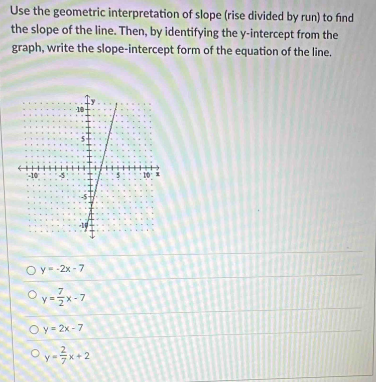 Use the geometric interpretation of slope (rise divided by run) to find
the slope of the line. Then, by identifying the y-intercept from the
graph, write the slope-intercept form of the equation of the line.
y=-2x-7
y= 7/2 x-7
y=2x-7
y= 2/7 x+2