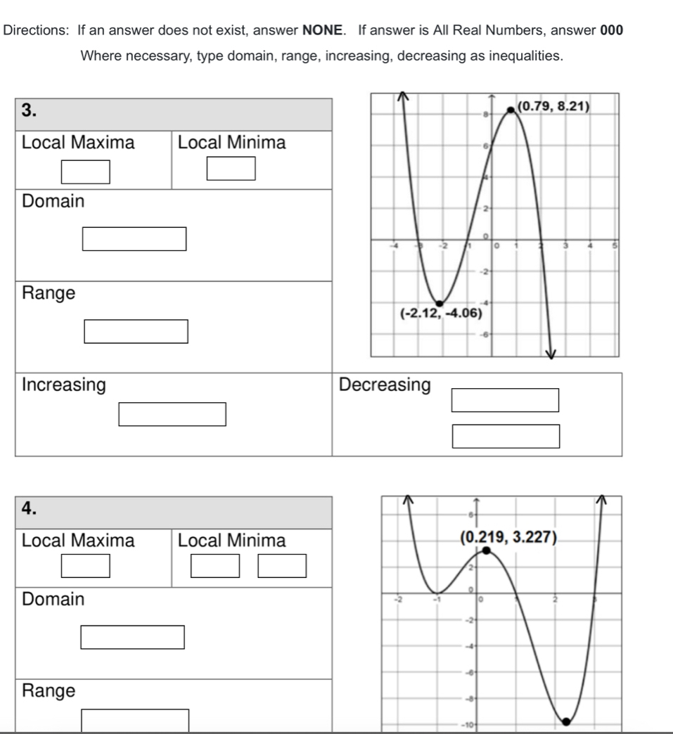 Directions: If an answer does not exist, answer NONE. If answer is All Real Numbers, answer 000
Where necessary, type domain, range, increasing, decreasing as inequalities.
3.
Local Maxima Local Minima
□
□
Domain
□
Range
□
Increasing Decreasing
□
□
□
4.
Local Maxima Local Minima
□
□ □
Domain
□
Range
□
-10