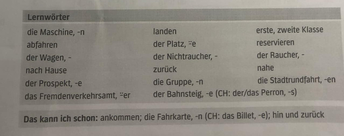 Lernwörter 
die Maschine, -n landen erste, zweite Klasse 
abfahren der Platz, ¨e reservieren 
der Wagen, - der Nichtraucher, - der Raucher, - 
nach Hause zurück nahe 
der Prospekt, -e die Gruppe, -n die Stadtrundfahrt, -en 
das Fremdenverkehrsamt, “er der Bahnsteig, -e (CH: der/das Perron, -s) 
Das kann ich schon: ankommen; die Fahrkarte, -n (CH: das Billet, -e); hin und zurück