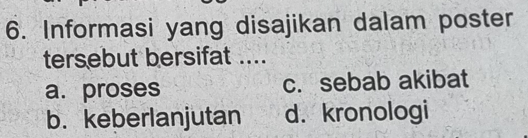 Informasi yang disajikan dalam poster
tersebut bersifat ....
a. proses c. sebab akibat
b. keberlanjutan d. kronologi