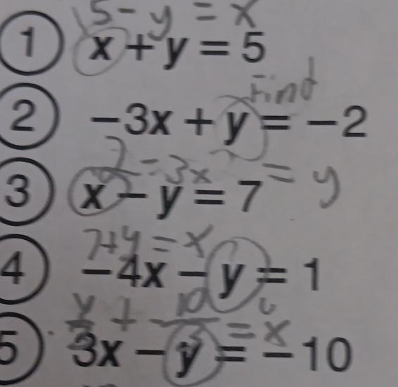 1 x+y=5
2 -3x+y=-2
3 x-y=7
4 -4x-y=1
3x- y= -10