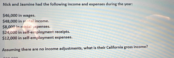 Nick and Jasmine had the following income and expenses during the year :
$46,000 in wages.
$48,000 in rental income.
$8,000 in rental expenses.
$24,000 in self-employment receipts.
$12,000 in self-employment expenses. 
Assuming there are no income adjustments, what is their California gross income?