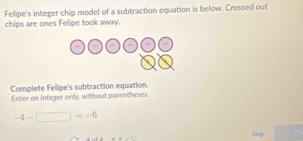 Solved: Felipe's integer chip model of a subtraction equation is below ...