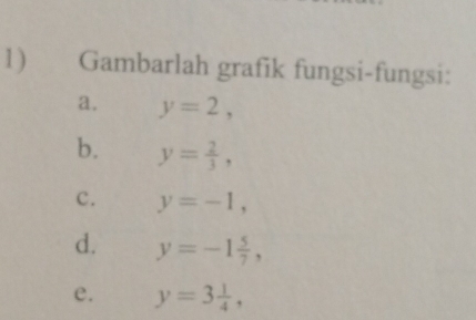 Gambarlah grafik fungsi-fungsi: 
a. y=2, 
b. y= 2/3 , 
c. y=-1, 
d. y=-1 5/7 , 
e. y=3 1/4 ,