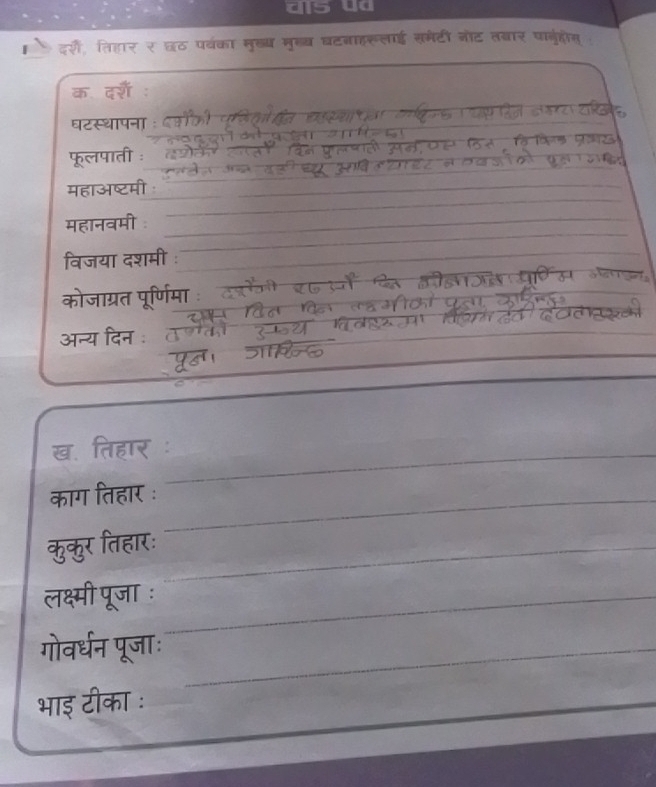 रीं, तिहार र छठ पर्वका मुख्ध मुख्य घटनाहरूलाई समेटी नोट तबार पागृहीस 
क दश 
घटस्थापना : 
फूलपाती ः 
महाअष्टमी 
महानवमी 
विजया दशमी ः 
कोजाग्रत पूर्णिमा 
अन्य दिन : 
ख. तिहार_ 
काग तिहार ः_ 
कुकुर तिहारः_ 
लक्ष्मी पूजा ः_ 
गोवर्धन पूजाः_ 
भाइ टीका :