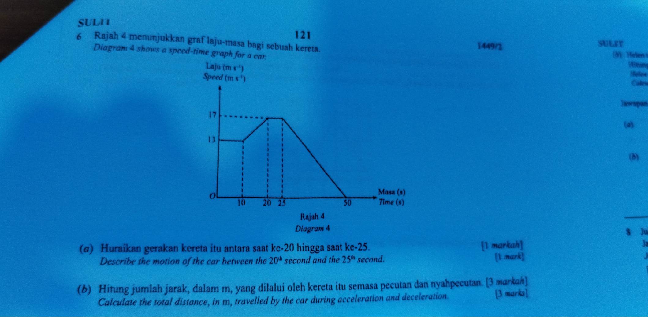 SUL11 
121 
6 Rajah 4 menunjukkan graf laju-masa bagi sebuah kereta. 
1449/2 SULEY 
Diagram 4 shows a speed-time graph for a car. 
(3)Helen 
Laju (ms^(-1))
Hitum 
Speed (ms^(-1))
Holen 
Cales 
Jawapan 
17 
(a) 
13 
(8) 
ol 
Masa (s)
10 20 25 50 Time (s) 
Rajah 4 
Diagram 4 
8 Ju 
(@) Huraikan gerakan kereta itu antara saat ke -20 hingga saat ke-25. 
[1 markah] 
Describe the motion of the car between the 20^(th) second and the 25^(th) second. 
[l mark] 
(6) Hitung jumlah jarak, dalam m, yang dilalui oleh kereta itu semasa pecutan dan nyahpecutan. [3 markah] 
Calculate the total distance, in m, travelled by the car during acceleration and deceleration. 
[3 marks]