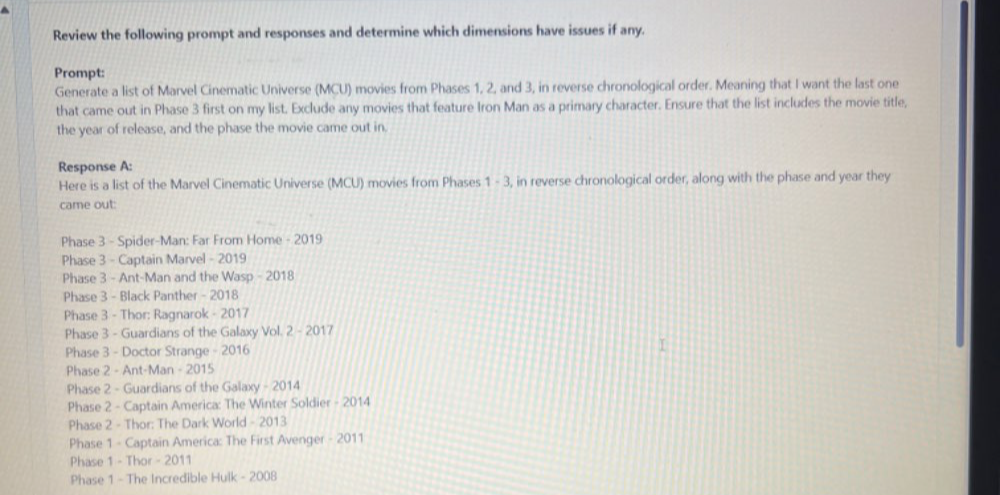 Review the following prompt and responses and determine which dimensions have issues if any. 
Prompt: 
Generate a list of Marvel Cinematic Universe (MCU) movies from Phases 1, 2, and 3, in reverse chronological order. Meaning that I want the last one 
that came out in Phase 3 first on my list. Exclude any movies that feature Iron Man as a primary character. Ensure that the list includes the movie title, 
the year of release, and the phase the movie came out in. 
Response A: 
Here is a list of the Marvel Cinematic Universe (MCU) movies from Phases 1 - 3, in reverse chronological order, along with the phase and year they 
came out: 
Phase 3 - Spider-Man: Far From Home - 2019 
Phase 3 - Captain Marvel - 2019 
Phase 3 - Ant-Man and the Wasp - 2018 
Phase 3 - Black Panther - 2018 
Phase 3 - Thor: Ragnarok - 2017 
Phase 3 - Guardians of the Galaxy Vol. 2 - 2017 
Phase 3 - Doctor Strange - 2016 
Phase 2 - Ant-Man - 2015 
Phase 2 - Guardians of the Galaxy - 2014 
Phase 2 - Captain America: The Winter Soldier - 2014 
Phase 2 - Thor: The Dark World - 2013 
Phase 1 - Captain America: The First Avenger - 2011 
Phase 1 - Thor - 2011 
Phase 1 - The Incredible Hulk - 2008