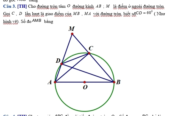 [TH] Cho đường tròn tâm O đường kinh AB; M là điểm ở ngoài đường tròn 
Goi C , D lần lượt là giao điểm của MB , MA với đường tròn, biết sđ CD=60° ( Như 
hình yệ). Số đo AMB bằng