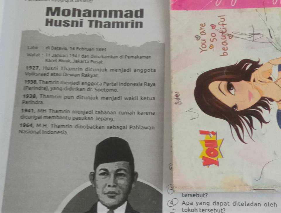 Mohammad 
Husni Thamrin 
Lahir : di Batavia, 16 Februari 1894 
Wafat : 11 Januari 1941 dan dimakamkan di Pemakaman 
Karet Bivak, Jakarta Pusat 
1927, Husni Thamrin ditunjuk menjadi anggota 
Vollksraad atau Dewan Rakyat. 
1938, Thamrin menjadi anggota Partai Indonesia Raya 
(Parindra), yang didirikan dr. Soetomo. 
1938, Thamrin pun ditunjuk menjadi wakil ketua 
Parindra. 
1941, MH Thamrin menjadi tahanan rumah karena 
dicurigal membantu pasukan Jepang. 
1964, M.H. Thamrin dinobatkan sebagai Pahlawan 
Nasional Indonesia 
tersebut? 
4 Apa yang dapat diteladan oleh 
tokoh tersebut?