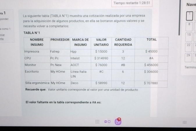Solved: Tiempo restante 1:28:51 Nave ta 1 La siguiente tabla (TABLA N°1 ...