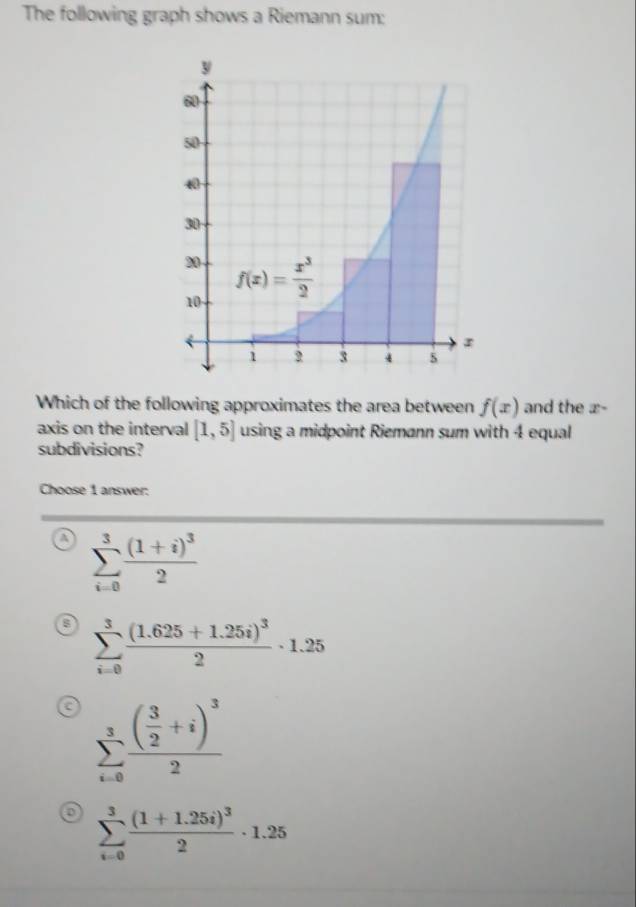 The following graph shows a Riemann sum:
Which of the following approximates the area between f(x) and the x-
axis on the interval [1,5] using a midpoint Riemann sum with 4 equal
subdivisions?
Choose 1 answer:
a sumlimits _(i=0)^3frac (1+i)^32
a sumlimits _(i=0)^3frac (1.625+1.25i)^32· 1.25
sumlimits _(i=0)^3frac ( 3/2 +i)^32
o sumlimits _(i=0)^3frac (1+1.25i)^32· 1.25