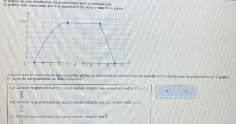 afico de una distribución de probabilidad está a continuación 
El gráfico está compuesto por dos segmentos de recta y una línea c 
Suponer que en cada una de las siguientes partes se selecciona un número real de acuerdo con la distribución de probabilidad en el gráfico. 
Ninguna de las respuestas se debe redondear 
(a) Calcular la probabilidad de que el número elegido sea un número entre 6.3 y 7.7. × 5
(b) Calcular la probabilidad de que el número elegido sea un número entre 1* 3
(c) Calcular la probabilidad de que el número elegido sea 8.