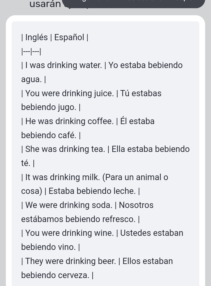 usarán 
| Inglés | Español | 
|---|---| 
| I was drinking water. | Yo estaba bebiendo 
agua. | 
| You were drinking juice. | Tú estabas 
bebiendo jugo. | 
| He was drinking coffee. | Él estaba 
bebiendo café. | 
| She was drinking tea. | Ella estaba bebiendo 
té. | 
| It was drinking milk. (Para un animal o 
cosa) | Estaba bebiendo leche. | 
| We were drinking soda. | Nosotros 
estábamos bebiendo refresco. | 
| You were drinking wine. | Ustedes estaban 
bebiendo vino. | 
| They were drinking beer. | Ellos estaban 
bebiendo cerveza. |