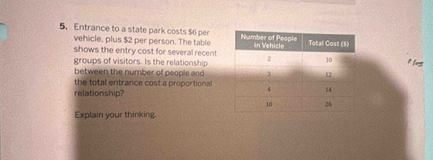 Entrance to a state park costs $6 per 
vehicle, plus $2 per person. The table 
shows the entry cost for several recent 
groups of visitors. Is the relationshipf fos 
between the number of people and 
the total entrance cost a proportional 
relationship? 
Explain your thinking.