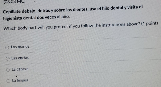 (03.03 MC)
Cepíllate debajo, detrás y sobre los dientes, usa el hilo dental y visita el
higienista dental dos veces al año.
Which body part will you protect if you follow the instructions above? (1 point)
Los manos
Las encías
La cabeza
La lengua