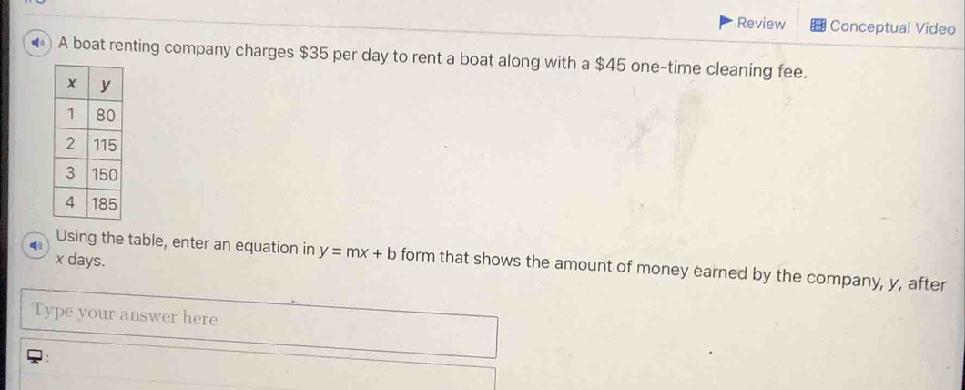 Review Conceptual Video 
to A boat renting company charges $35 per day to rent a boat along with a $45 one-time cleaning fee.
x days. 
Using the table, enter an equation in y=mx+b form that shows the amount of money earned by the company, y, after 
Type your answer here 
: