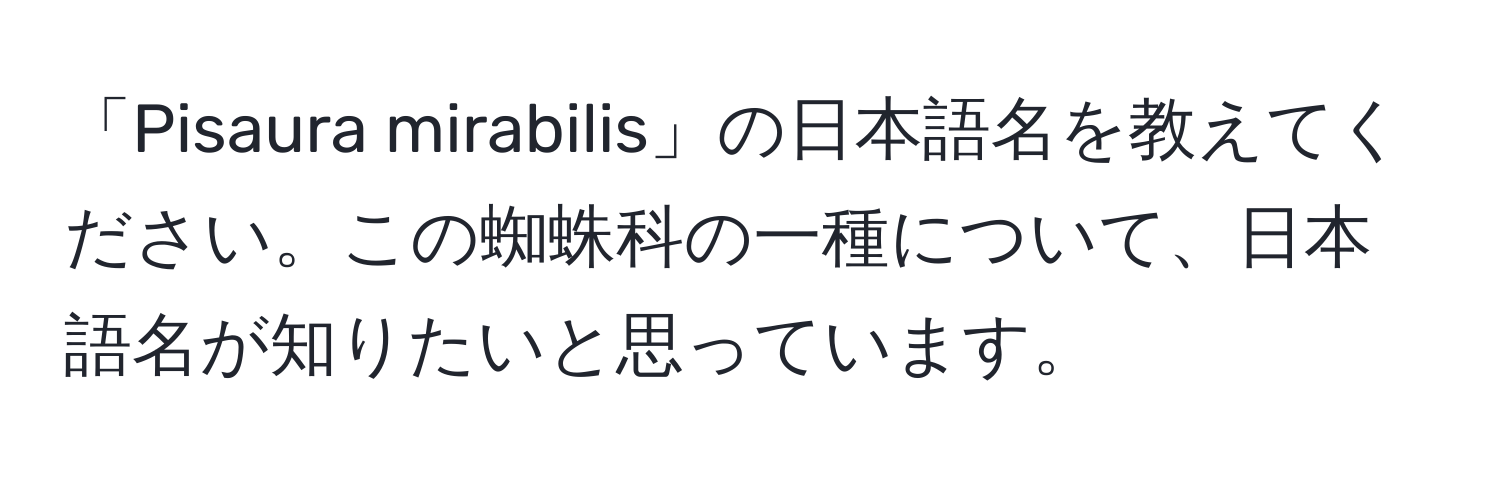 「Pisaura mirabilis」の日本語名を教えてください。この蜘蛛科の一種について、日本語名が知りたいと思っています。