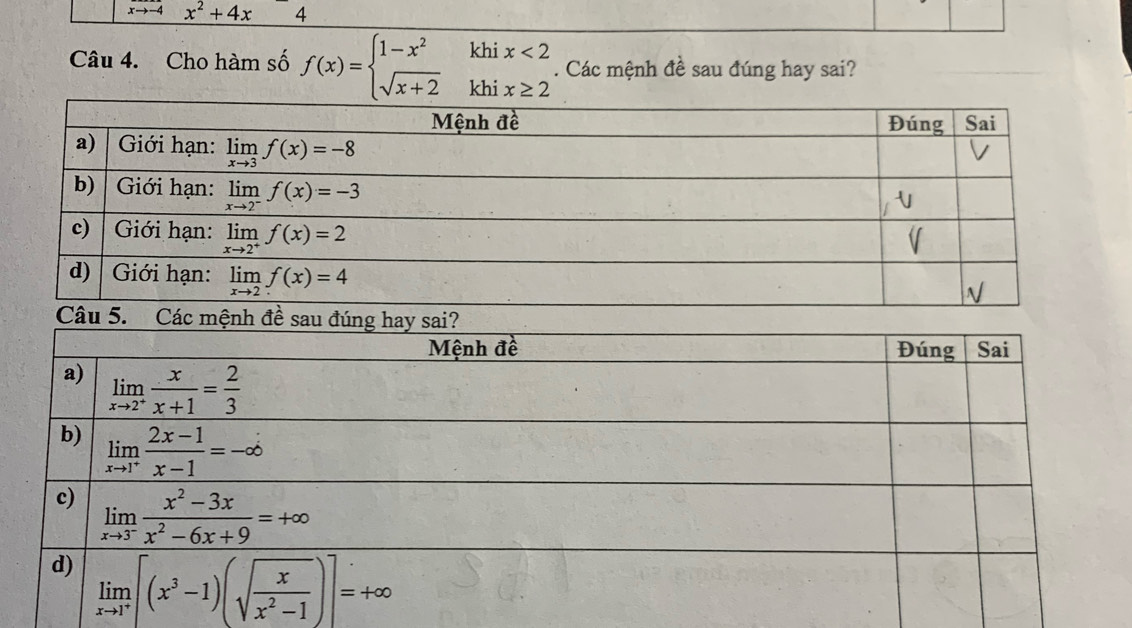 xto -4 x^2+4x 4
Câu 4. Cho hàm số f(x)=beginarrayl 1-x^2khix<2 sqrt(x+2)khix≥ 2endarray.. Các mệnh đề sau đúng hay sai?
mệnh đề s