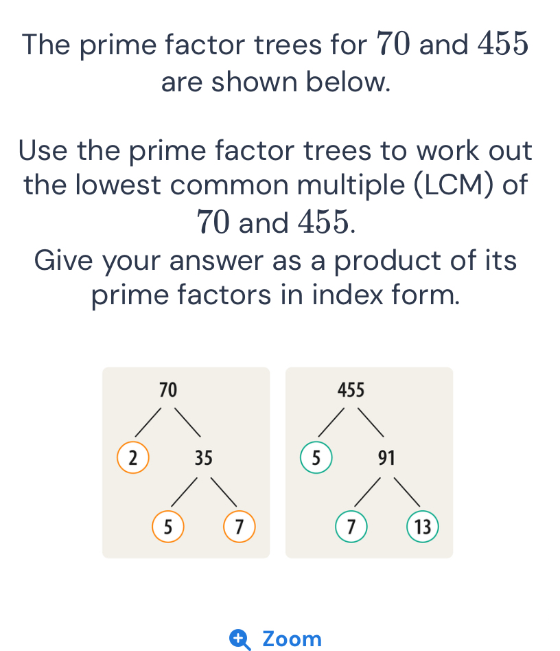 Solved: The prime factor trees for 70 and 455 are shown below. Use the ...