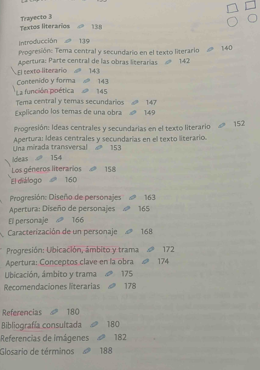 Trayecto 3 
Textos literarios 138
Introducción 139
Progresión: Tema central y secundario en el texto literario 140
Apertura: Parte central de las obras literarias 142
El texto literario 143
Contenido y forma 143
La función poética 145
Tema central y temas secundarios 147
Explicando los temas de una obra 149
Progresión: Ideas centrales y secundarias en el texto literario 152
Apertura: Ideas centrales y secundarias en el texto literario. 
Una mirada transversal 153
Ideas 154
Los géneros literarios 158
El diálogo 160
Progresión: Diseño de personajes 163
Apertura: Diseño de personajes 165
El personaje 166
Caracterización de un personaje 168
Progresión: Ubicación, ámbito y trama 172
Apertura: Conceptos clave en la obra 174
Ubicación, ámbito y trama 175
Recomendaciones literarias 178
Referencias 180
Bibliografía consultada 180
Referencias de imágenes 182
Glosario de términos 188