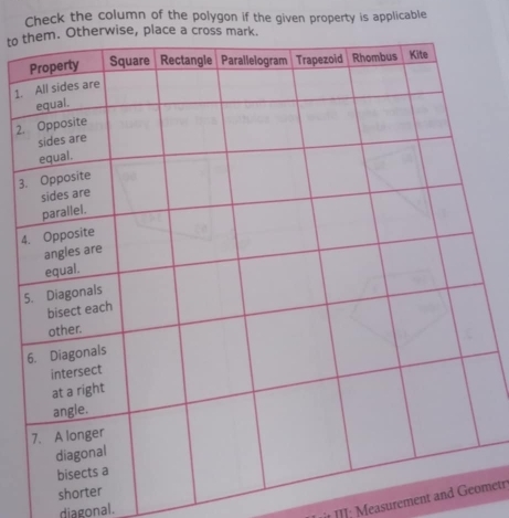 Check the column of the polygon if the given property is applicable 
to t 
1. 
2. 
3 
4 
5 
shor 
diagonal. 
* III: Measurement andmetr