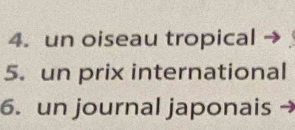 un oiseau tropical 
5. un prix international 
6. un journal japonais