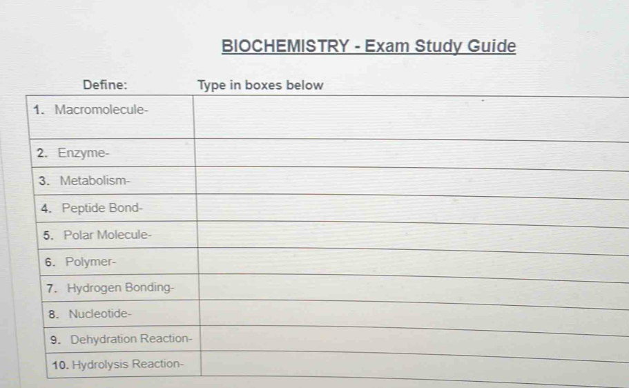 BIOCHEMISTRY - Exam Study Guide