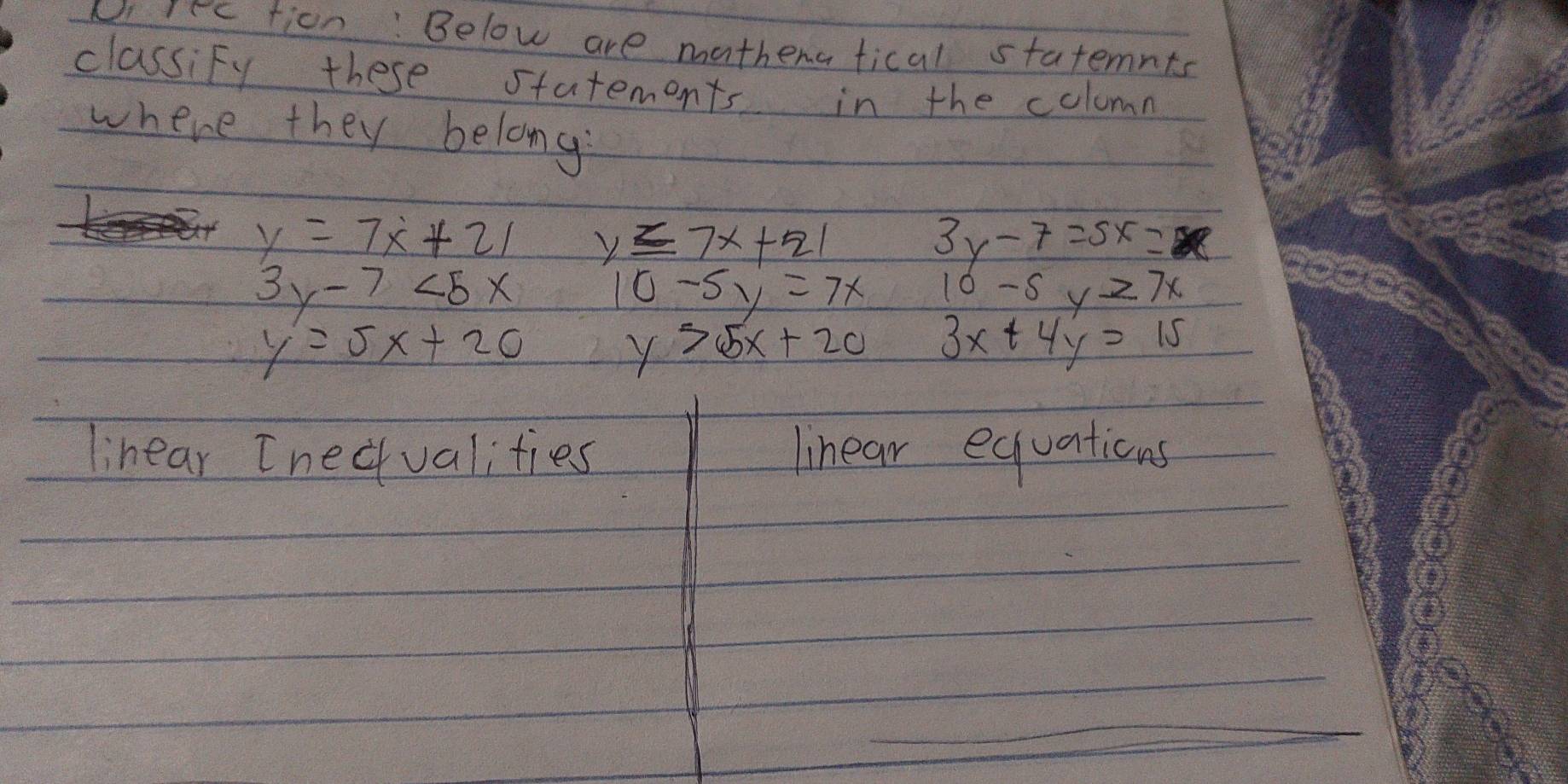 Niiec tion: Below are mathenatical statemnts 
classiFy these statements in the column 
where they belong
y=7x+21 y≤ 7x+21
3y-7=5x=
3y-7<5x</tex>
10-5y=7x 10-5y≥ 7x
y=5x+20
y>5x+20 3x+4y=15
linear [nectvalities linear equations