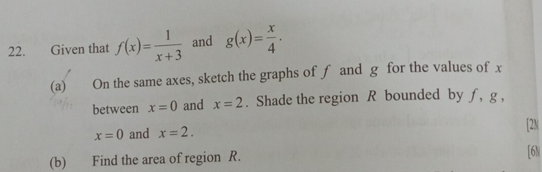 Given that f(x)= 1/x+3  and g(x)= x/4 . 
(a) On the same axes, sketch the graphs of f and g for the values of x
between x=0 and x=2. Shade the region R bounded by ƒ, g ,
x=0 and x=2. [2N 
(b) Find the area of region R. [6N