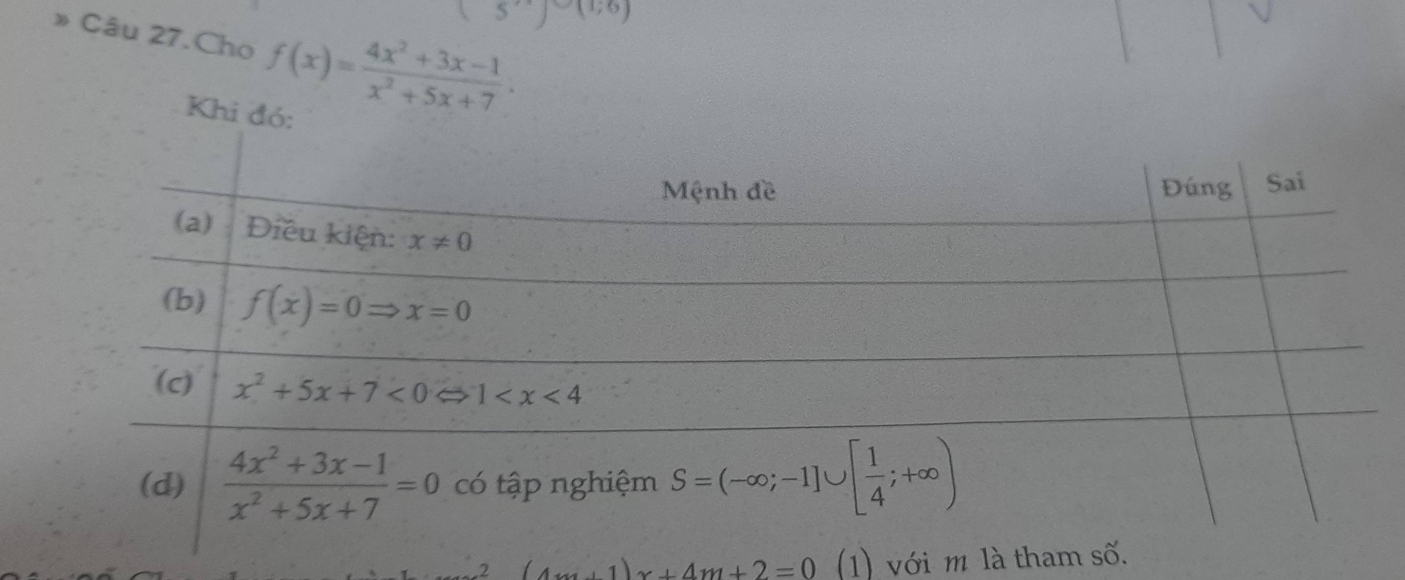 s;(1;6)
* Câu 27.Cho f(x)= (4x^2+3x-1)/x^2+5x+7 .
Khi đó:
2 (4m+1)x+4m+2=0 (1) với m là tham