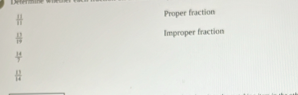  11/11  Proper fraction
 13/19 
Improper fraction
 14/7 
 13/14 