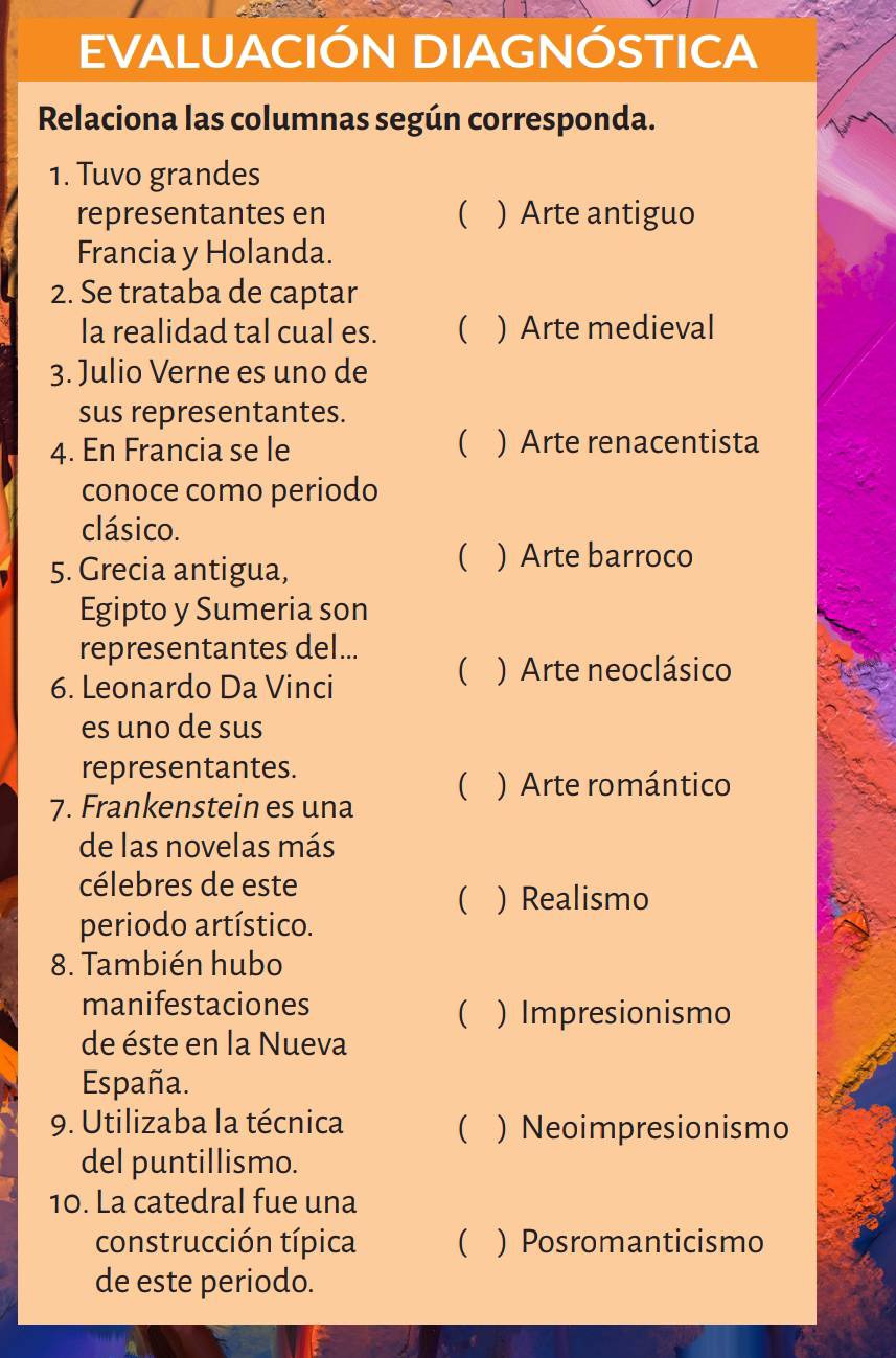 EVALUACIÓN DIAGNÓSTICA
Relaciona las columnas según corresponda.
1. Tuvo grandes
representantes en  ) Arte antiguo
Francia y Holanda.
2. Se trataba de captar
la realidad tal cual es. ( ) Arte medieval
3. Julio Verne es uno de
sus representantes.
4. En Francia se le  ) Arte renacentista
conoce como periodo
clásico.
5. Grecia antigua,
( ) Arte barroco
Egipto y Sumeria son
representantes del...
6. Leonardo Da Vinci
() Arte neoclásico
es uno de sus
representantes.
7. Frankenstein es una  ) Arte romántico
de las novelas más
célebres de este
( ) Realismo
periodo artístico.
8. También hubo
manifestaciones ) Impresionismo

de éste en la Nueva
España.
9. Utilizaba la técnica ( ) Neoimpresionismo
del puntillismo.
10. La catedral fue una
construcción típica ( ) Posromanticismo
de este periodo.