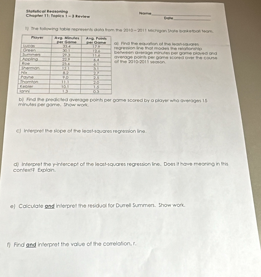 Statistical Reasoning Name 
_ 
Chapter 11: Topics 1 - 3 Review Date 
1) The following table represents data from the 2010 - 2011 Michigan State basketball team. 
) Find the equation of the least-squares 
egression line that models the relationship 
etween average minutes per game played and 
verage points per game scored over the course 
f the 2010-2011 season. 
b) Find the predicted average points per game scored by a player who averages 15
minutes per game. Show work. 
c) Interpret the slope of the least-squares regression line. 
d) Interpret the y-intercept of the least-squares regression line. Does it have meaning in this 
context? Explain. 
e) Calculate and interpret the residual for Durrell Summers. Show work. 
f) Find and interpret the value of the correlation, r.