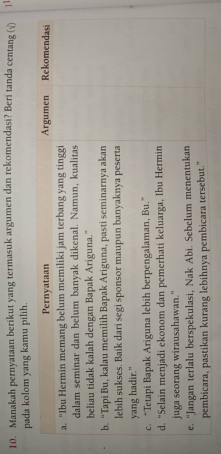 Manakah pernyataan berikut yang termasuk argumen dan rekomendasi? Beri tanda centang (√) 11
pada kolom yang kamu pilih.