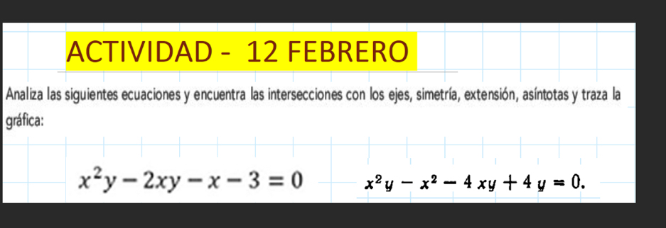 ACTIVIDAD - 12 FEBRERO
Analiza las siguientes ecuaciones y encuentra las intersecciones con los ejes, simetría, extensión, asíntotas y traza la
gráfica: