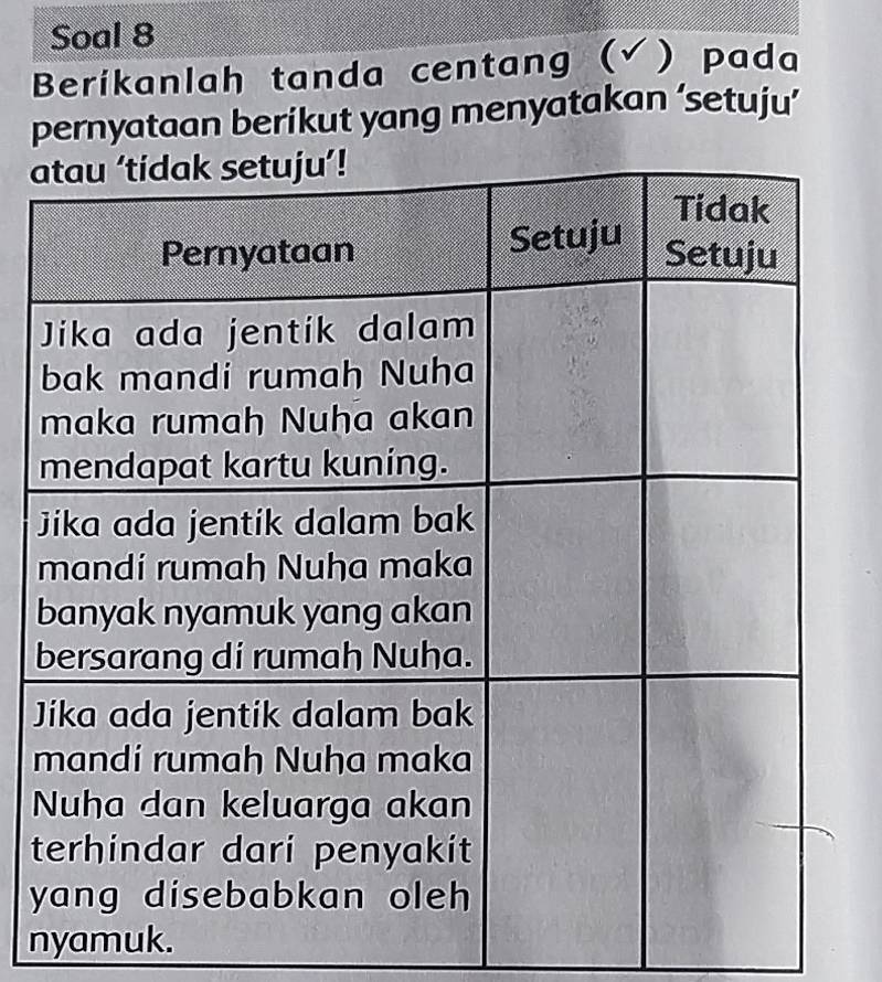 Soal 8
Berikanlah tanda centang (╯) pada
pernyataan berikut yang menyatakan ‘setuju’
a
b
J
t
y
nyamuk.