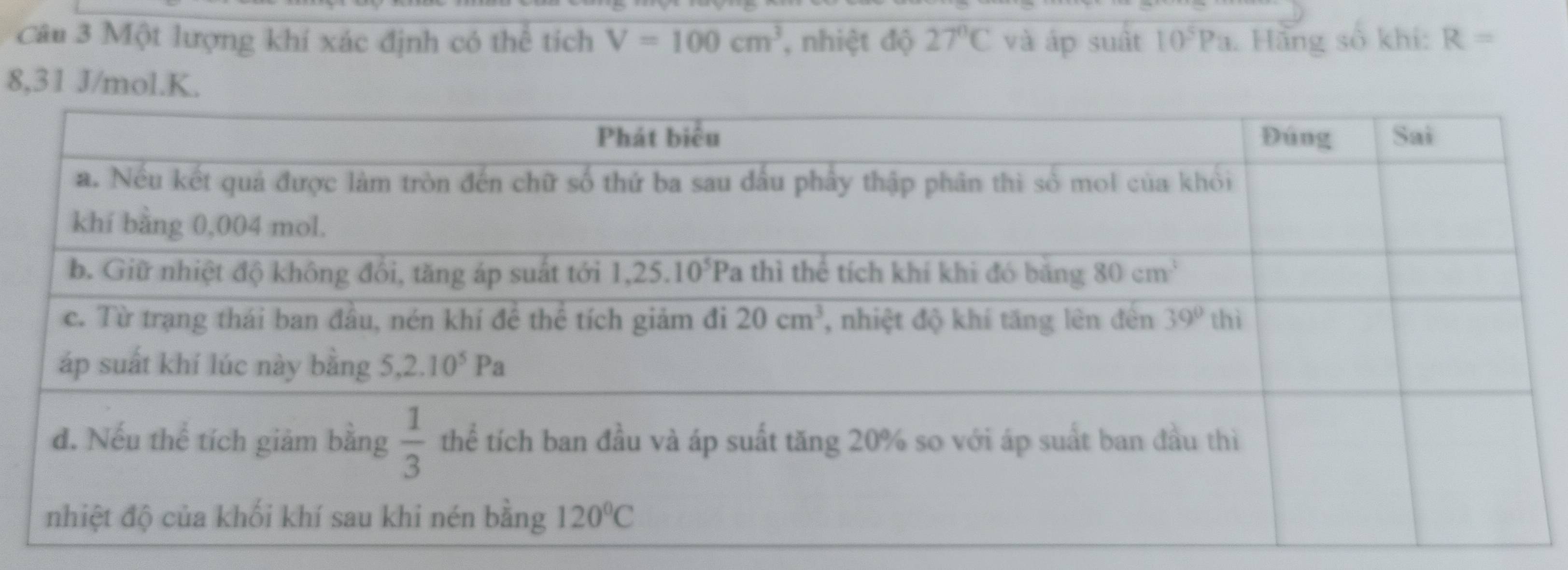 Một lượng khí xác định có thể tích V=100cm^3 , nhiệt độ 27°C và áp suất 10^5Pa Hãng số khí: R=
8,31 J/mol.K.