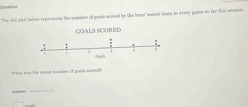 Question 
The dot plot below represents the number of goals scored by the boys' soccer team in every game so far this season. 
What was the mean number of goals scored? 
Answer Atteopt i out of a 
goals